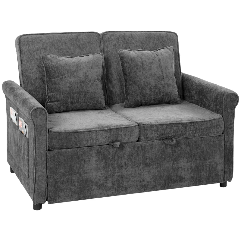 HOMCOM Sofá Cama 2 Plazas 3 en 1 con Respaldo Ajustable 5 Niveles Bolsillos Laterales 2 Almohadas para Sala de Estar Gris