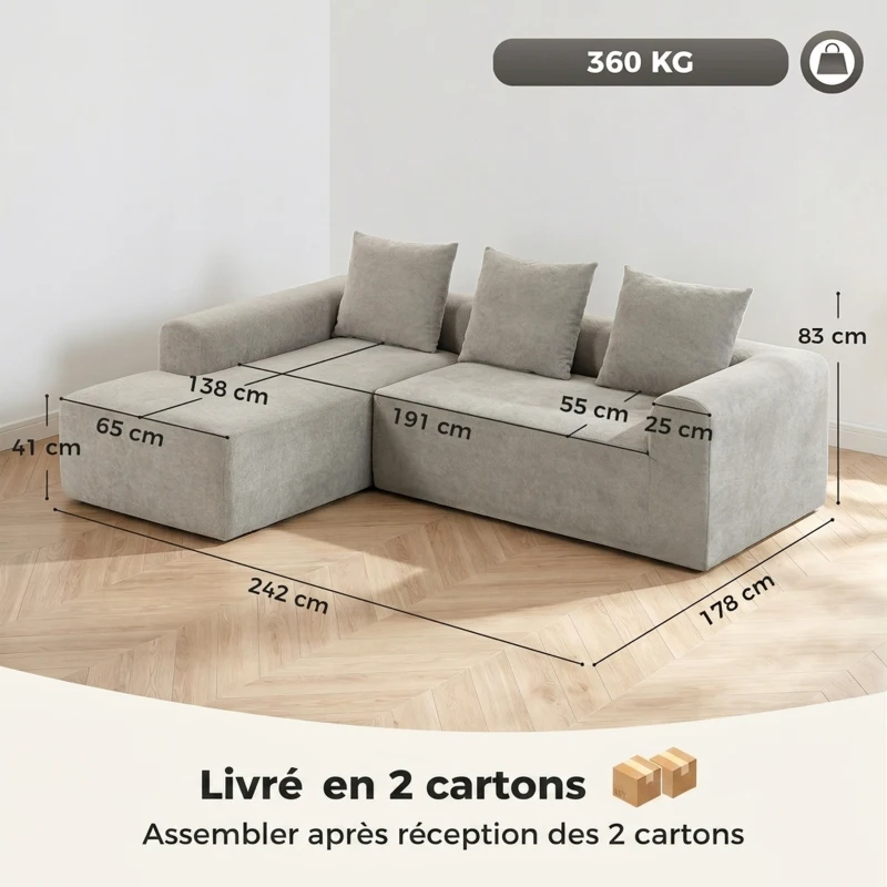 HOMCOM Ecksofa aus Chenille, 3‑Sitzer L‑Form 242 cm mit Ottomane, tiefe Sitzfläche, breite Armlehnen, Hellgrau