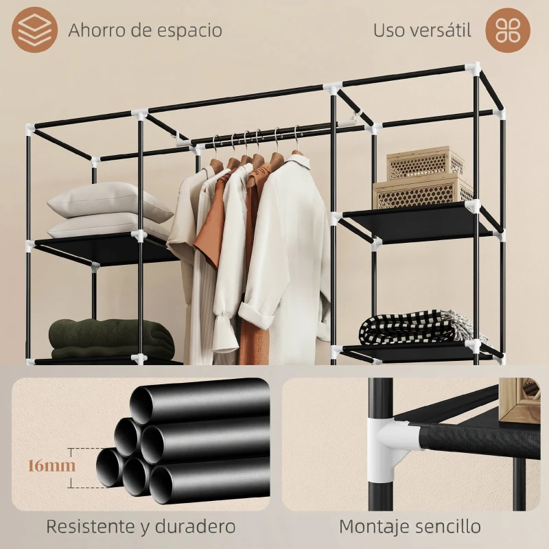 HOMCOM Armario de Tela con Barra 10 Estantes Abiertos Cremallera Cubierta y Marco de Acero 150x43x162,5 cm Negro