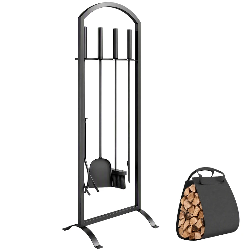 Outsunny Serviteur de Cheminée 6 Pièces avec Sac à Bûches, Brosse, Pelle, Tisonnier, Pince et Support, 30 x 22 x 86 cm, Noir