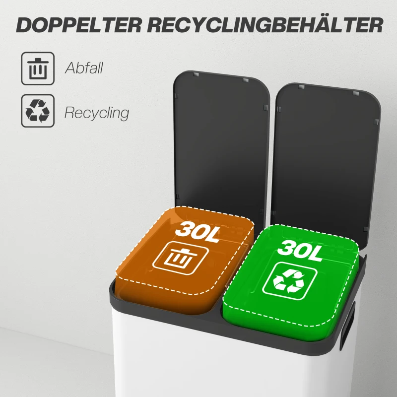 HOMCOM Doppelfach-Mülleimer, 2 x 30L, fingerabdruckresistent, Pedal, herausnehmbare Inneneimer, Grau