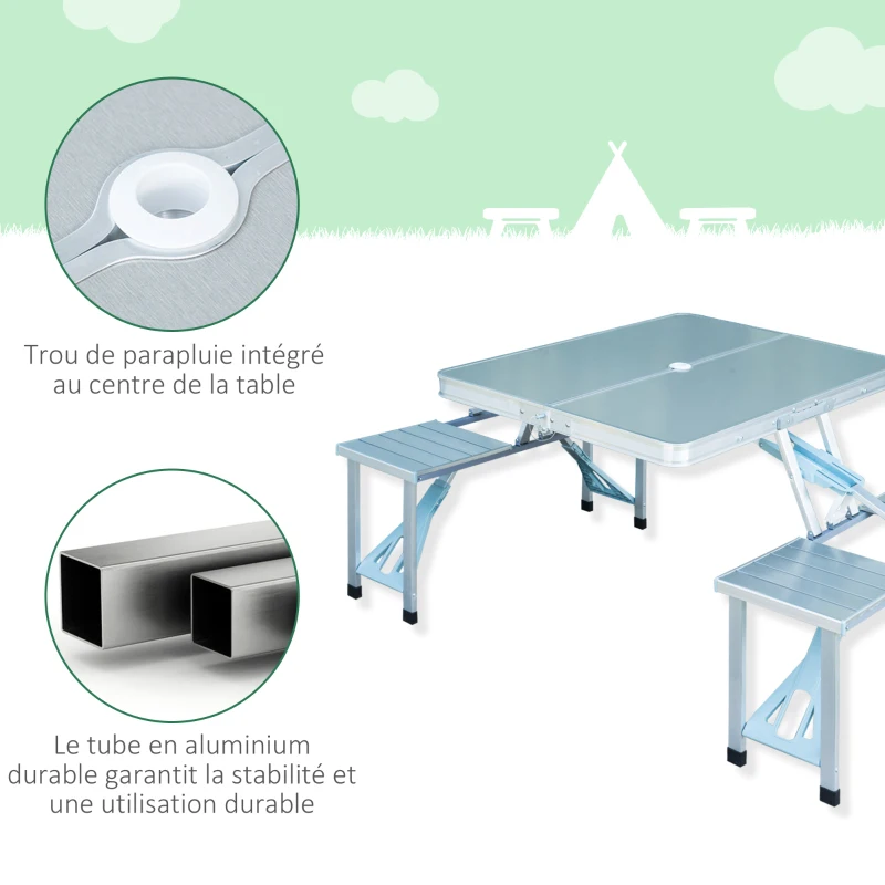 Outsunny Table de Camping Pique-Nique Pliante Aluminium 4 Places en Valise