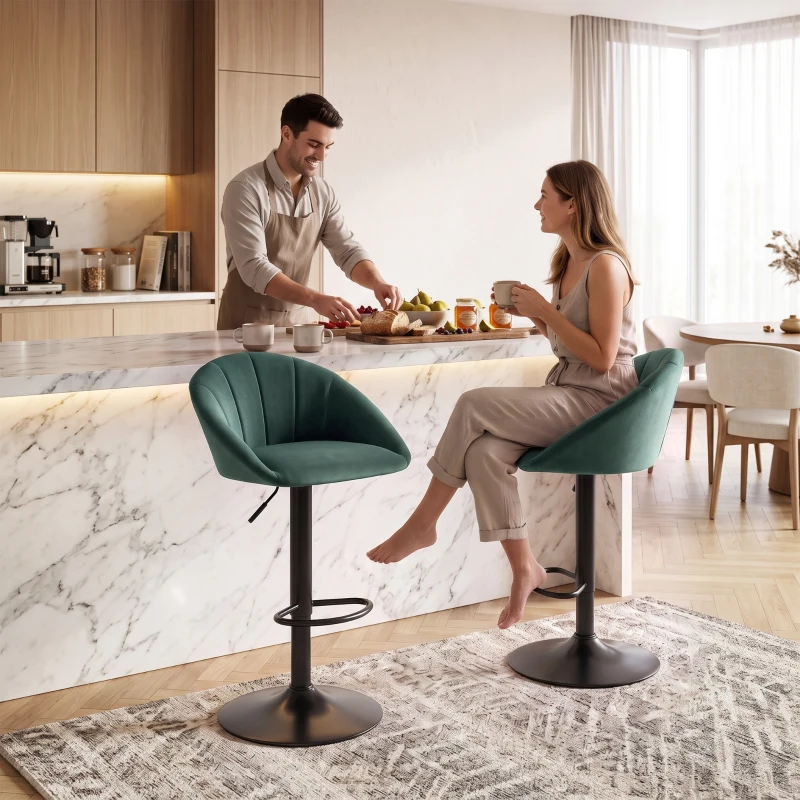 HOMCOM Bar Stools Set of 2 Adjustable Swivel Velvet Breakfast Bar Stools with Backrest, Dark Green