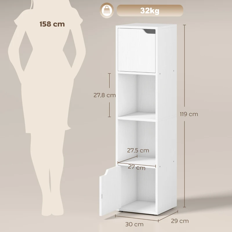 HOMCOM Estantería para Libros con 2 Puertas Librería Estrecha de 4 Niveles con 2 Estantes Abiertos 30x29x119 cm Blanco
