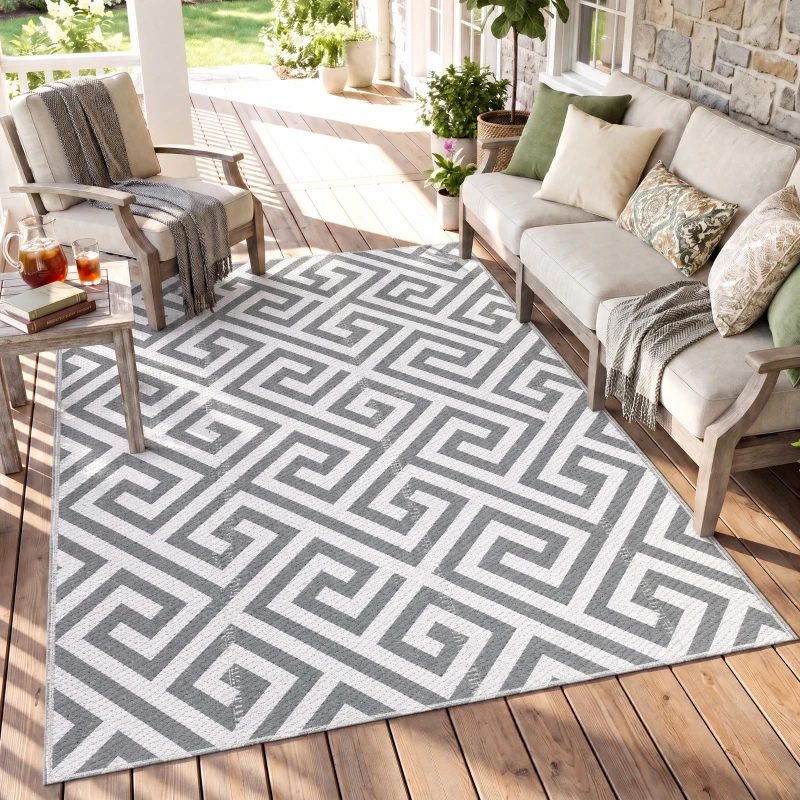 Outsunny Outdoor Rug Reversible Mat Plastic Straw Rug Portable RV Camping Mat for Garden Deck Picnic Indoor, 152 x 243 cm (5 x 8 ft), Light Grey & White