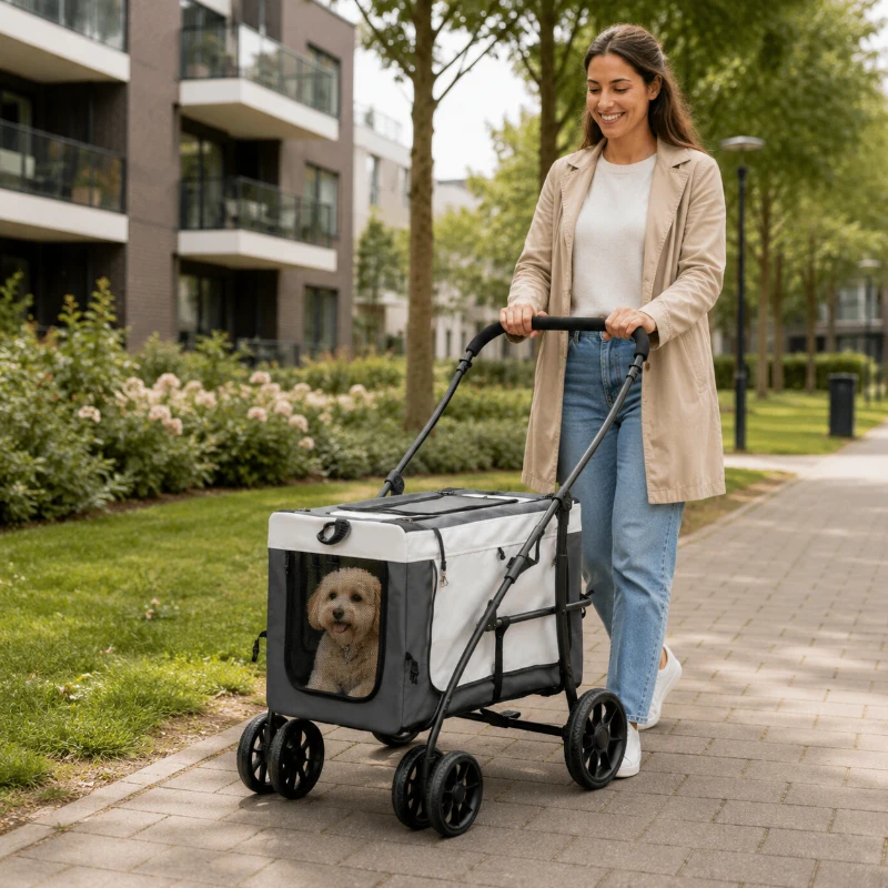 PawHut 2-in-1 Hondenbuggy met Afneembare Draagmand voor Honden en Katten tot 10 kg, Grijs
