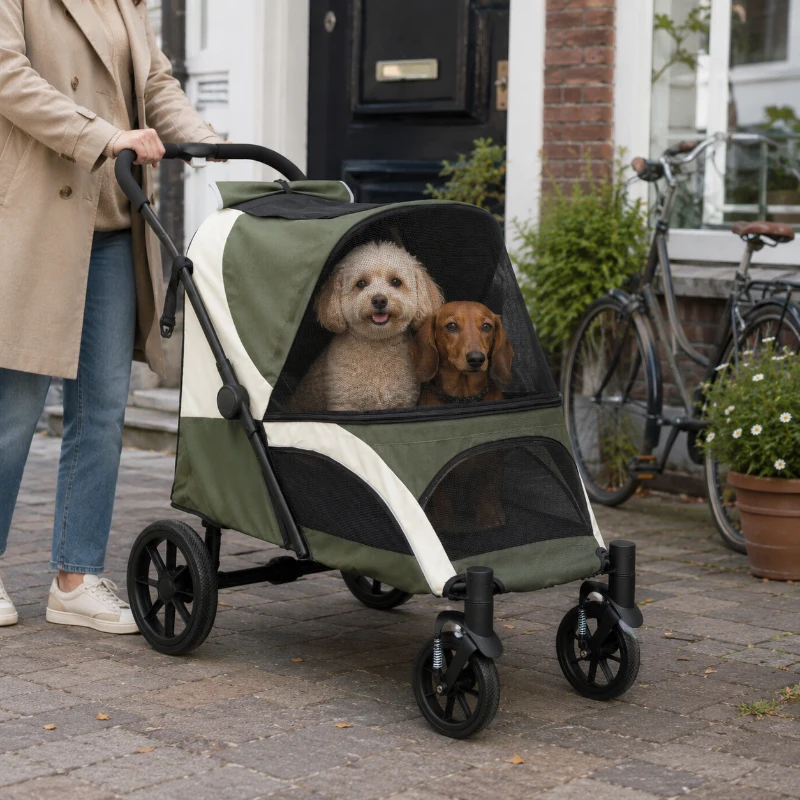 PawHut Opvouwbare Hondenbuggy voor 2 Kleine Honden tot 25 kg Donkergroen(m-10)