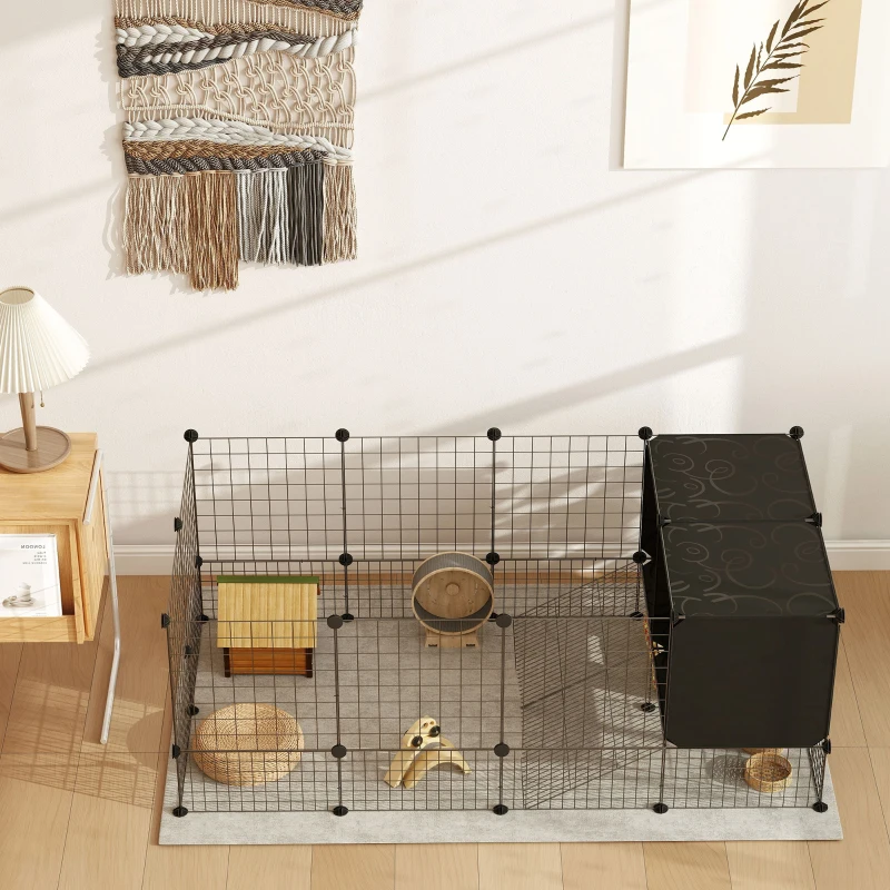 PawHut DIY Small Animal Cage with Elevated Huts, C&C Cage for Guinea Pigs, Hedgehogs, Rabbits, 31 Panels, Black