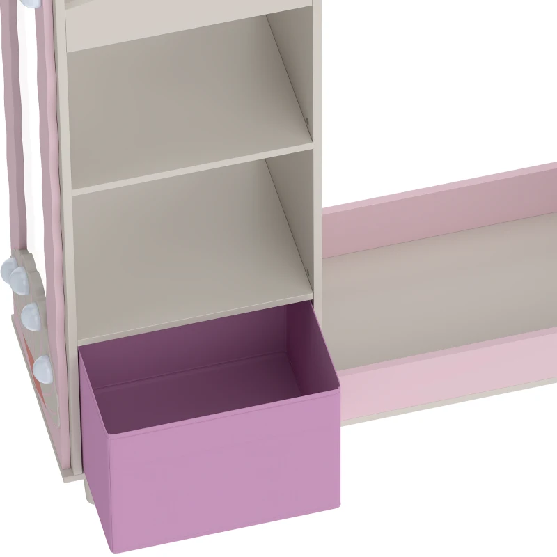 AIYAPLAY Kids Clothing Rack, Kids Wardrobe with Glowing Lights Mirror, Non-Woven Drawer and Shelves for Bedroom, Ages 3-8, Pink