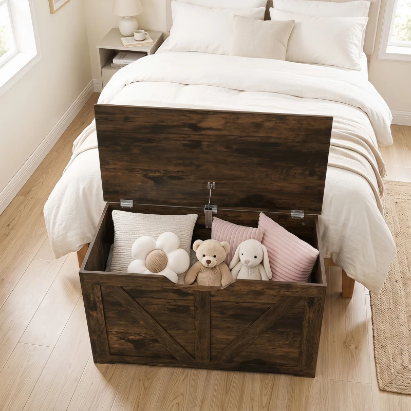 HOMCOM 100L Home Storage Box, with Safety Hinge - Rustic Brown Wood-Effect