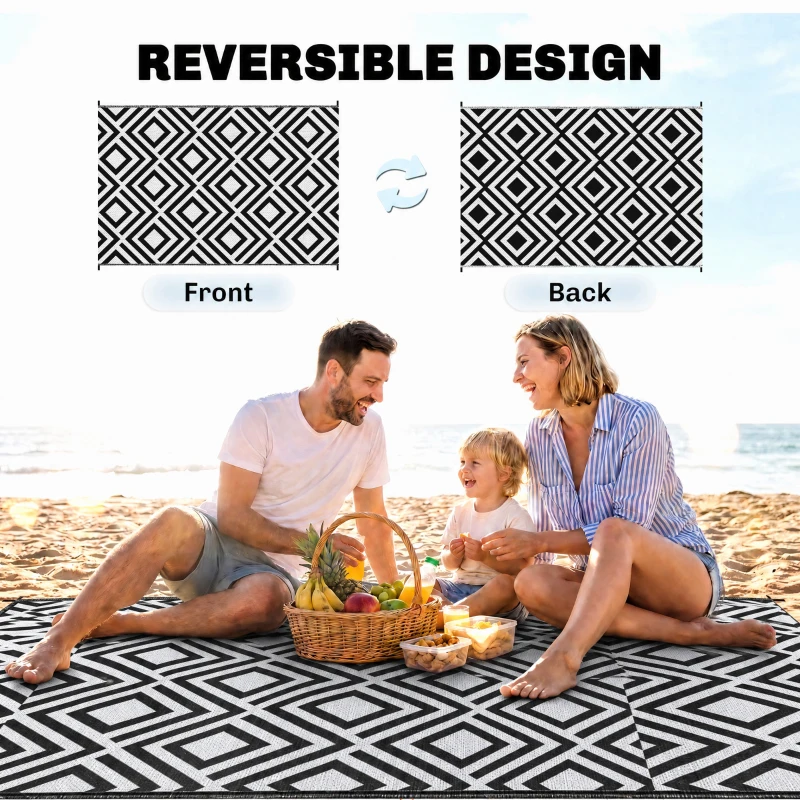 Outsunny Reversible Outdoor Rug, Plastic Straw Mat w/ Carry Bag Ground Stakes for Garden RV Picnic Beach Camping 182x274cm Black
