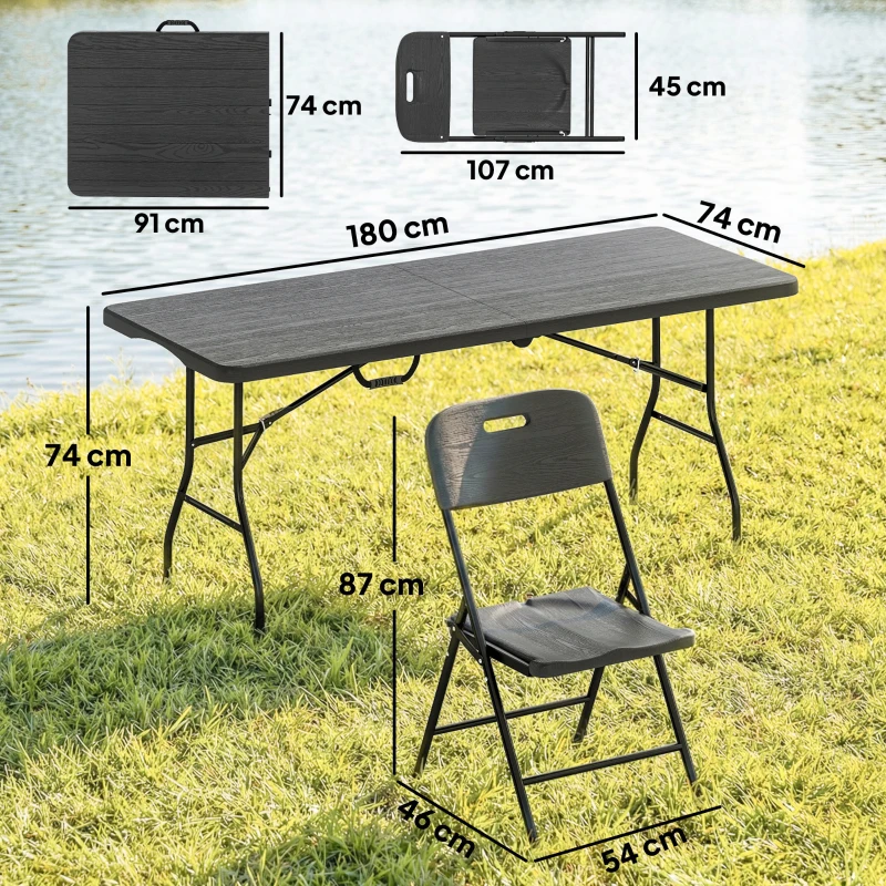 Outsunny 5 Piece 6ft Foldable Table and Chairs, Portable Picnic Table Set with 4 Chairs, Waterproof Top and Steel Frame, Black