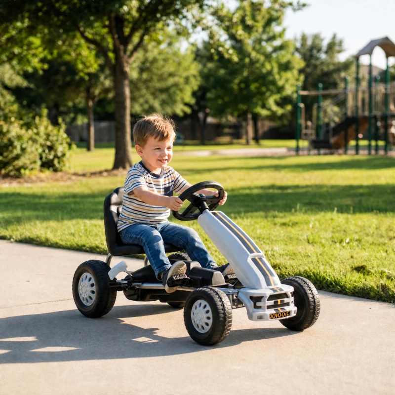AIYAPLAY Go Kart para Niños de +3 Años con Asiento Ajustable Volante Freno Manual Marco de Aluminio y Acero Carga 30 kg Blanco