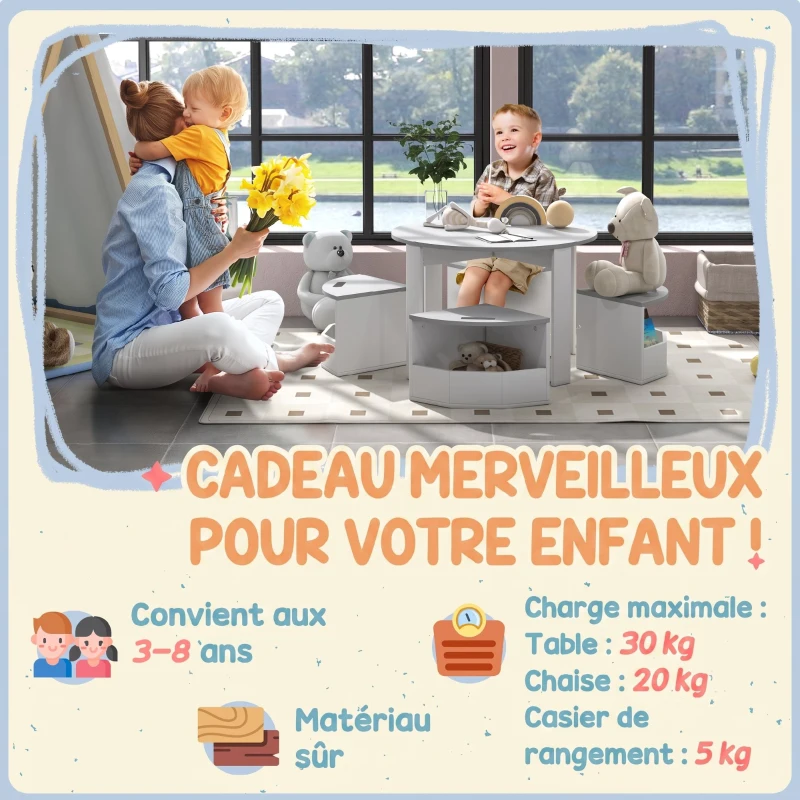 AIYAPLAY Table Enfant avec 4 Chaises 5 Pièces avec Rangement, Cadeau pour Fille Garçon 3-8 Ans, Ø 78 x 49 cm, Gris