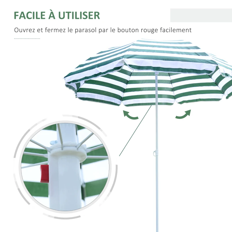 Outsunny Parasol de Plage, Parasol Inclinable Octogonal Ø 180 cm, Tissu Polyester Haute Densité Anti-UV, Mât Démontable, Vert et Blanc Rayé