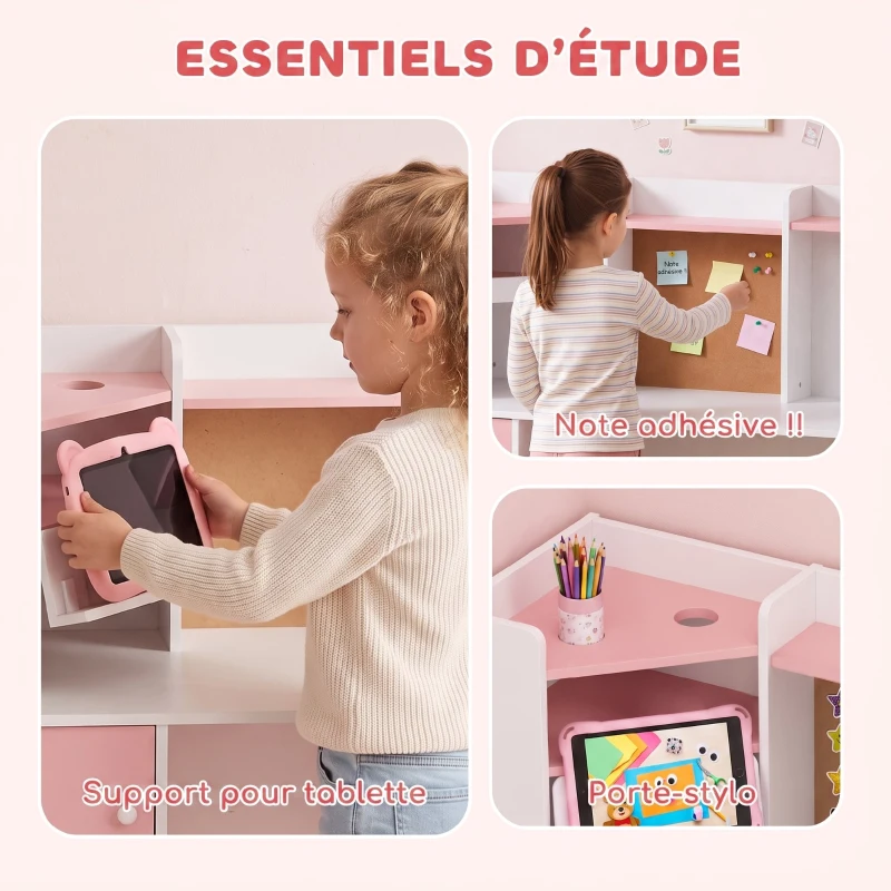AIYAPLAY Bureau Enfant avec Chaise, Table d'Étude, Support de Tablette Réglable, Porte-Stylos, Panneau en Liège, 5-12 ans, Rose