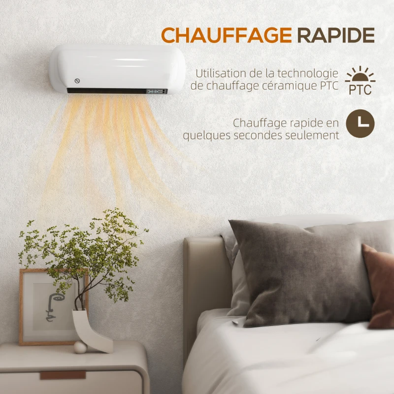 HOMCOM Chauffage mural en céramique 1000/2000W, radiateur électrique, ventilateur, thermostat, minuterie, 50x19x14cm, blanc