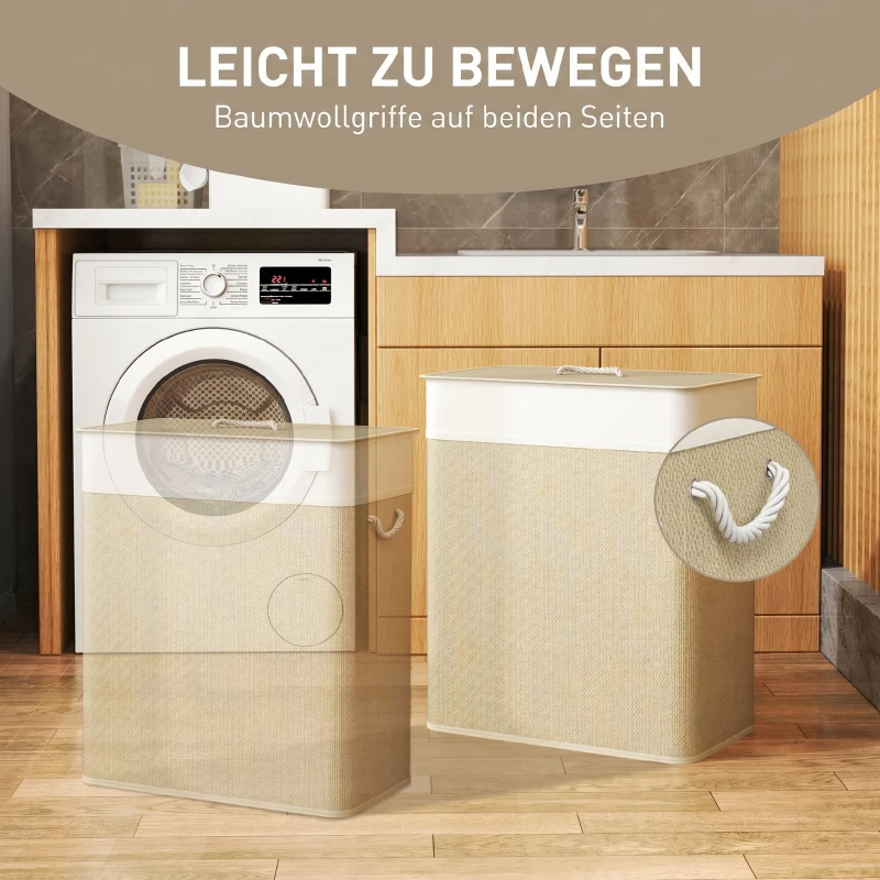 HOMCOM Bambus Wäschekorb mit Deckel 2 Fächer 100 L Wäschesammler mit Seilgriffen, herausnehmbarer Wäschesack