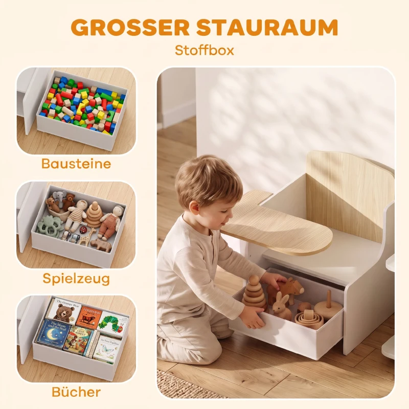 AIYAPLAY Kindertisch mit Stuhl 2-in-1 Integrierte Kindersitzgruppe mit Stauraum Platzsparend für Kinder 3-5 Jahren Weiß