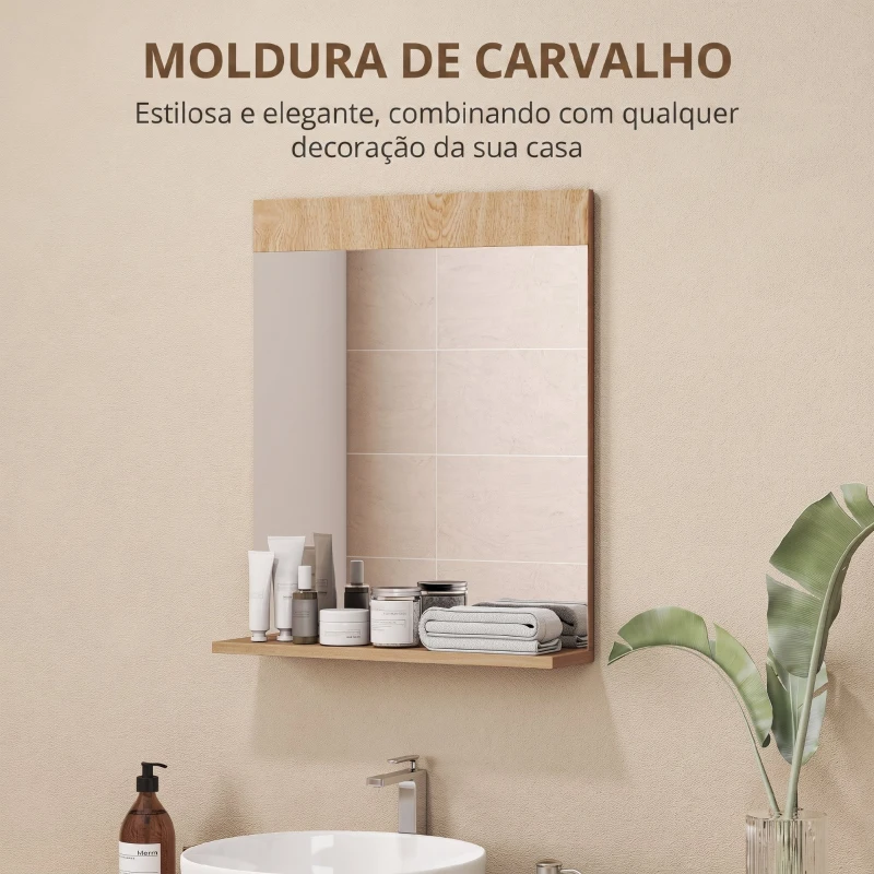 HOMCOM Espelho de Casa de Banho de Parede com Prateleira Aberta 50x12x60 cm Carvalho