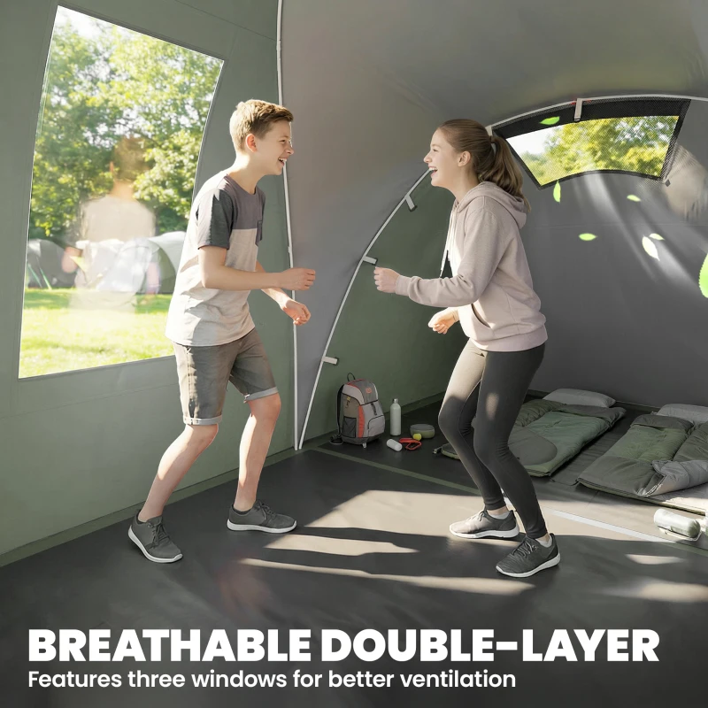 Outsunny Family Camping Tent 3000mm Waterproof Windproof Tunnel Tent 6 Person Two Bedrooms Green