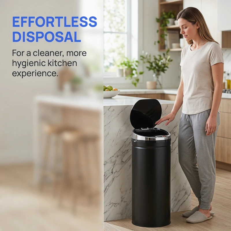 HOMCOM 50L Round Sensor Bin with Quiet Soft-Close Lid, Hands-Free Motion Sensor Touchless Kitchen Bin with Fingerprint Resistant for Hygienic Kitchen, Home Office Use, Black