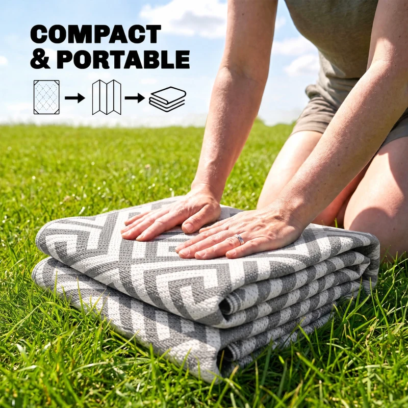 Outsunny Outdoor Rug Reversible Mat Plastic Straw Rug Portable RV Camping Mat for Garden Deck Picnic Indoor, 152 x 243 cm (5 x 8 ft), Light Grey & White