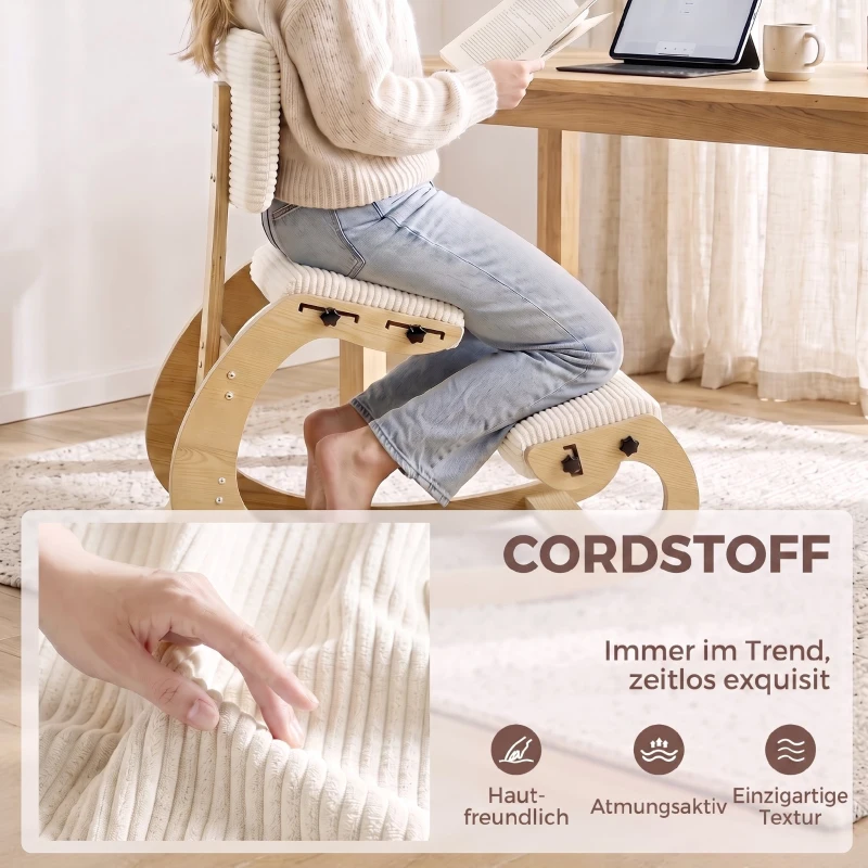 HOMCOM Ergonomischer Kniestuhl, Kniehocker mit Rückenlehne, Cord-Optik, Bürostuhl für Zuhause, Büro, Meditation, Cremeweiß