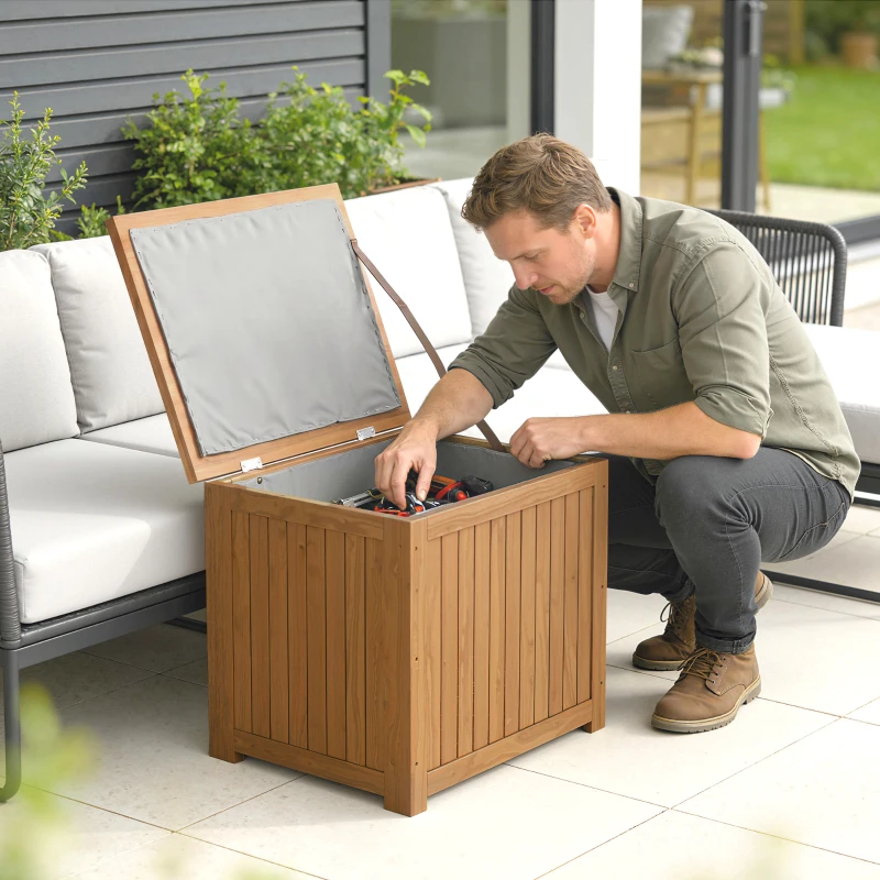 Outsunny Arcón Exterior de Madera 130L Baúl Almacenaje Exterior con Forro Tapa con Bisagras y Correa 63x51x58,5 cm Marrón