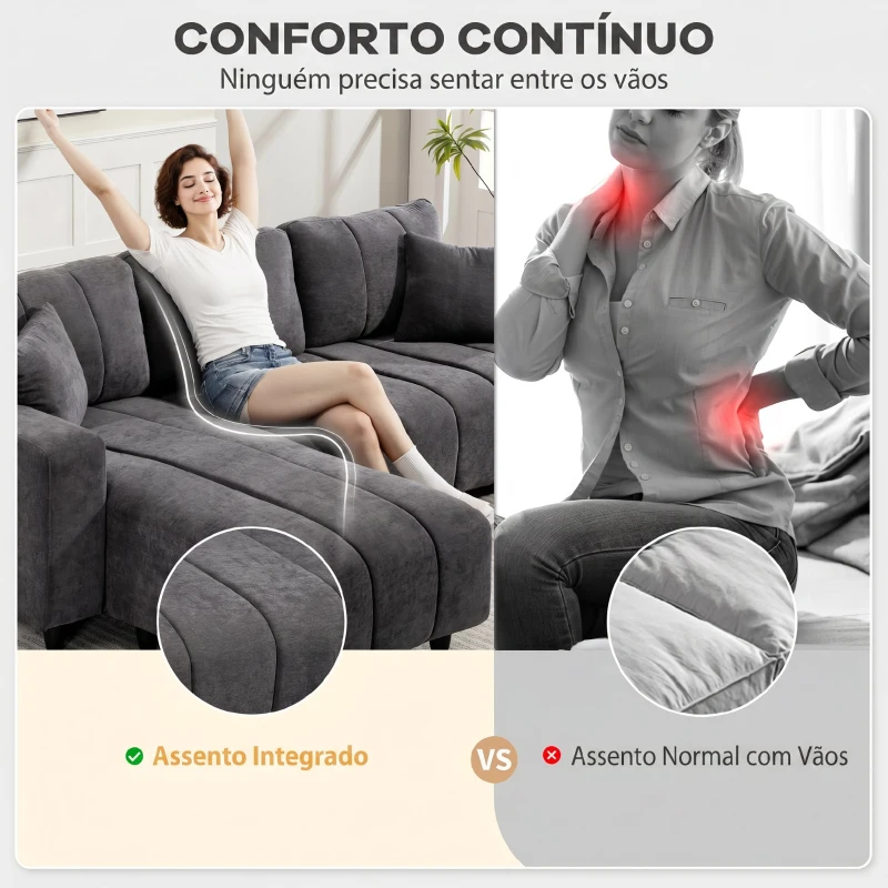 HOMCOM Sofá Chaise Longue Reversível 3 Lugares com 2 Almofadas Estofado em Linho e Estrutura em Aço 242x156x87 cm Cinzento Escuro