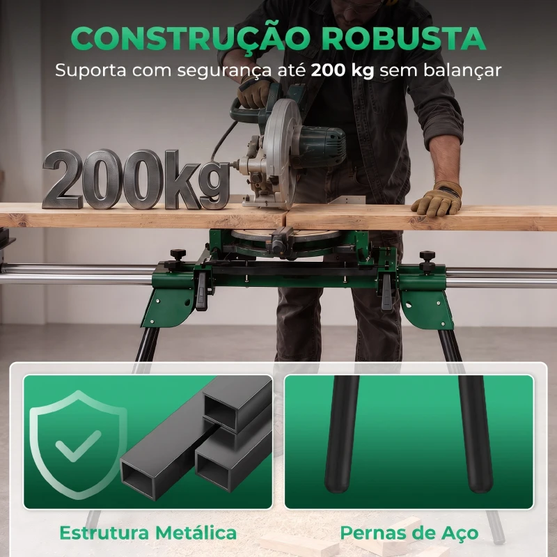 HOMCOM Suporte Dobrável Universal para Serra de Esquadria com 2 Roletes, Altura e Comprimento Ajustáveis, Carga 200 kg, Verde