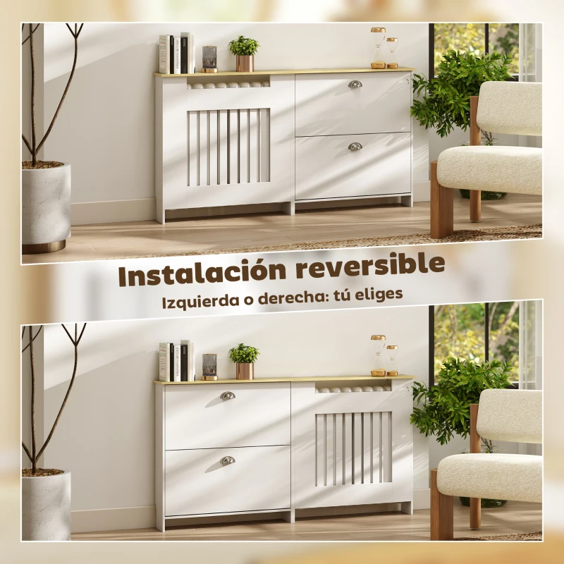 HOMCOM Cubre Radiadores con Zapatero Cubierta para Radiador con 2 Cajones Abatibles 152x19x81 cm Blanco