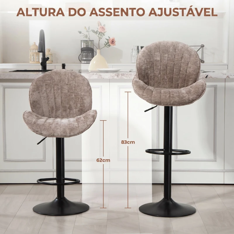 HOMCOM Conjunto de 2 Bancos de Bar Giratórios em Chenille com Altura Ajustável 62-83 cm, Encosto e Apoio para os Pés, Moka