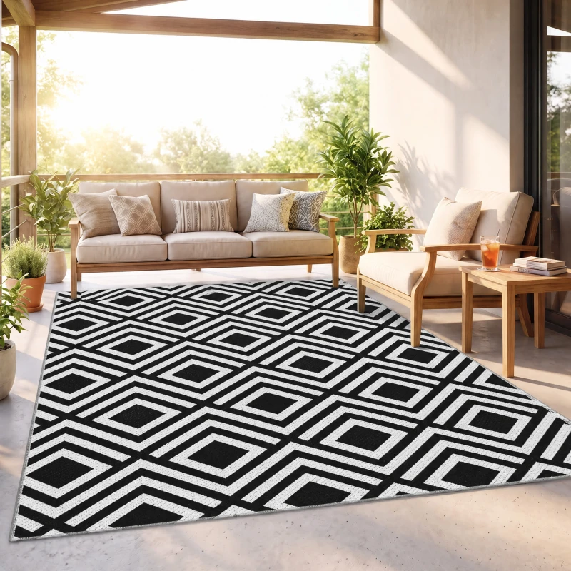 Outsunny Reversible Outdoor Rug, Plastic Straw Mat w/ Carry Bag Ground Stakes for Garden RV Picnic Beach Camping 182x274cm Black
