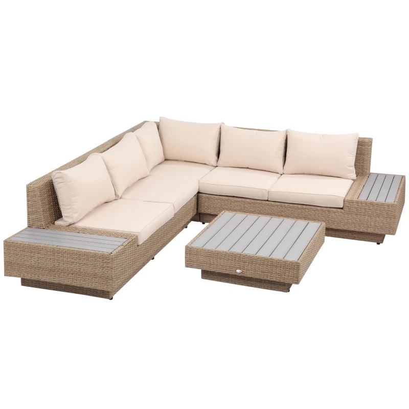 Outsunny 4 Pieces Rattan Garden Furniture Set, Garden Corner Sofa with Side Trays, Wicker Conservatory Furniture Set with Loveseats, Slatted Plastic Top Coffee Table and Cushions, Beige