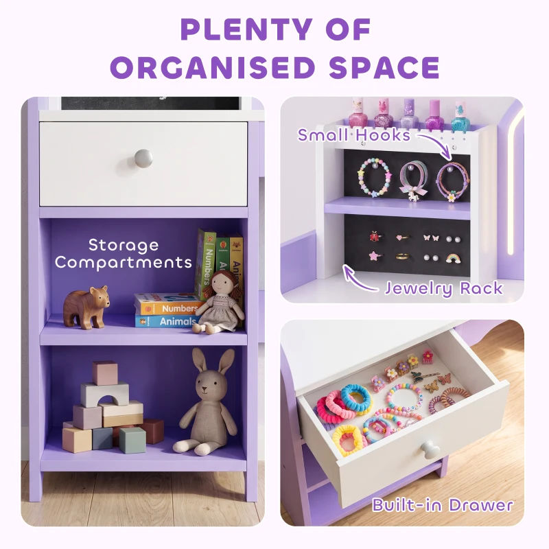 AIYAPLAY Kids Vanity Set, Girls Dressing Table with Stool, 2-Colour Lights Mirror, Pretend Dresser Gift for Ages 3-8, Purple