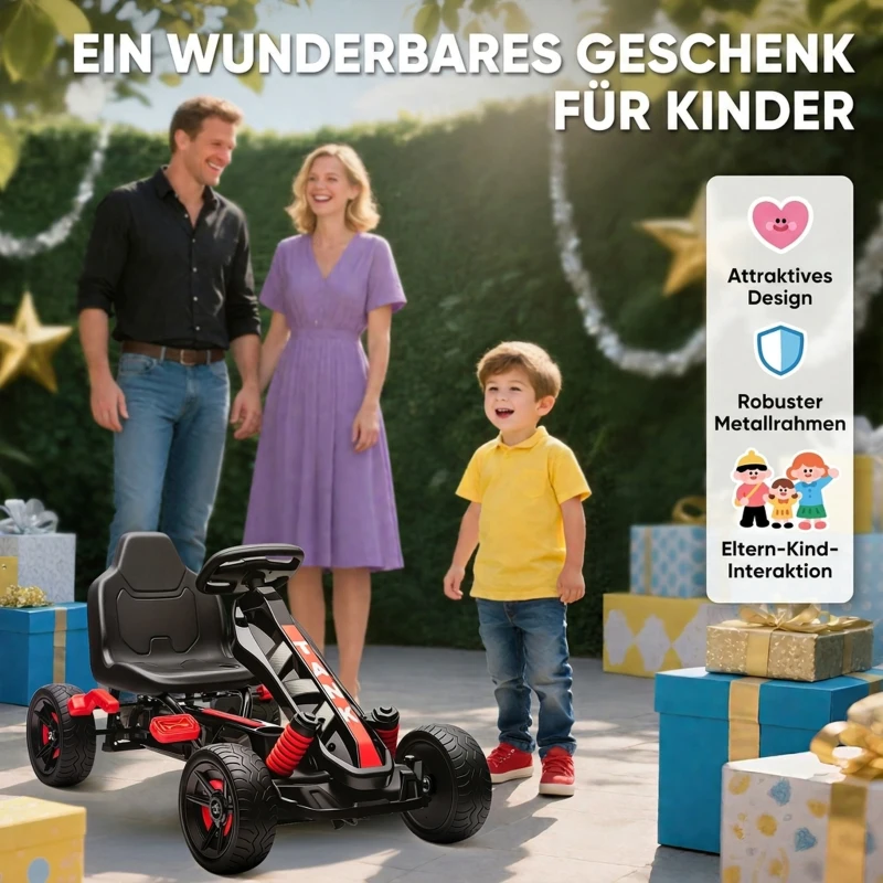 AIYAPLAY Gokart mit Pedalen, Tretauto für Kinder mit Bremse, rutschfeste Räder, Metallrahmen, 3-6 Jahre, Rot(m-8)