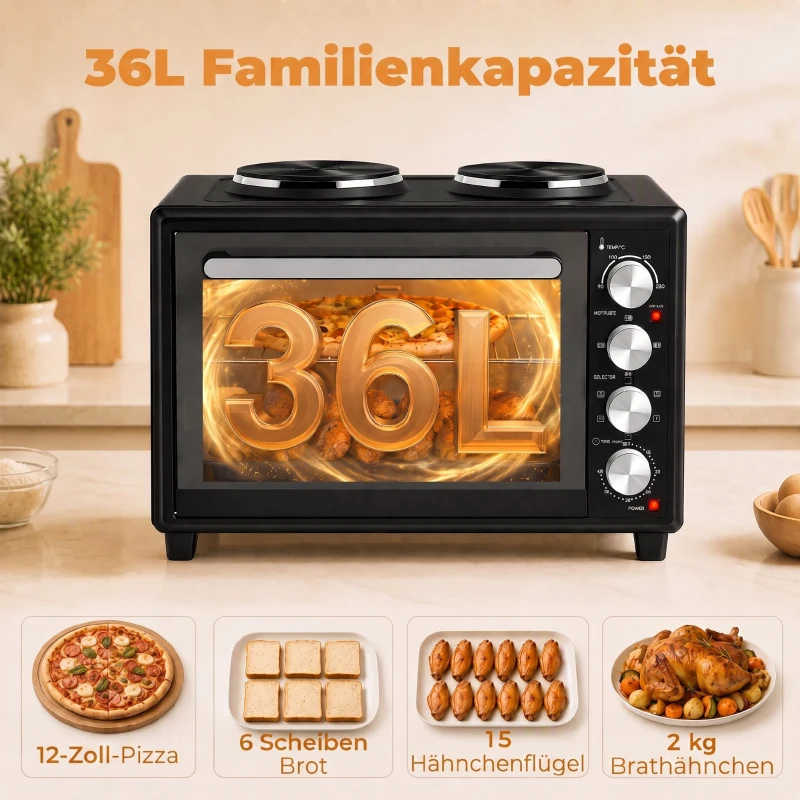 HOMCOM 36 l mini piekarnik z 2 płytami grzewczymi, elektryczny piekarnik stołowy z termoobiegiem, 90–230 °C