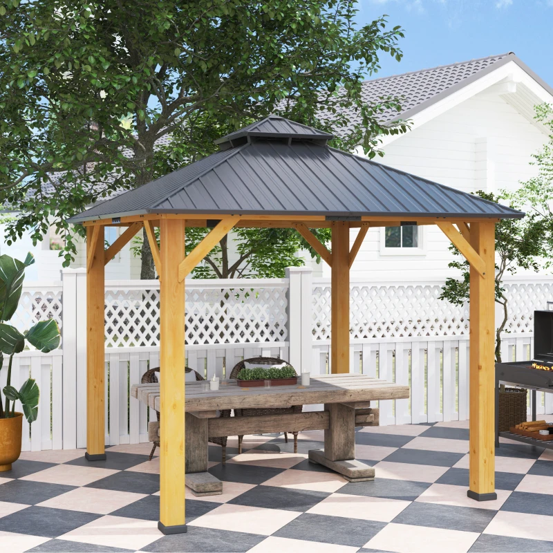 Outsunny 3x(3)M Outdoor Hardtop Gazebo Canopy with 2-Tier Roof and Solid Wood Frame, Outdoor Patio Shelter for Patio, Garden, Grey
