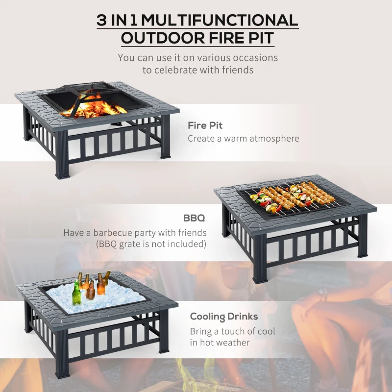 Outsunny Metal Large Firepit Outdoor Square Fire Pit Brazier with Rain Cover, Lid, Log Grate, Poker for Backyard, Camping, BBQ, Bonfire, Wood Burning Stove, 86 x 86 x 54cm, Black