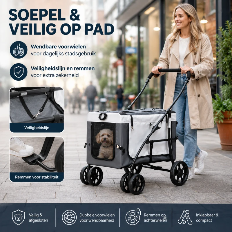 PawHut 2-in-1 Hondenbuggy met Afneembare Draagmand voor Honden en Katten tot 10 kg, Grijs
