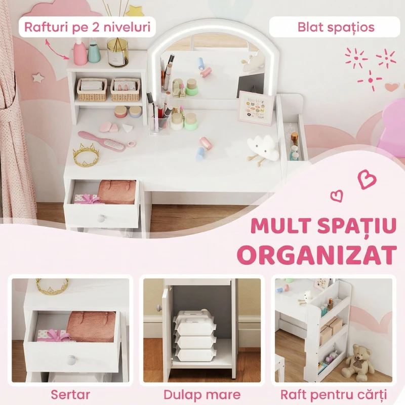 AIYAPLAY Set Măsuță de Toaletă pentru Copii, cu Oglindă și Scaun