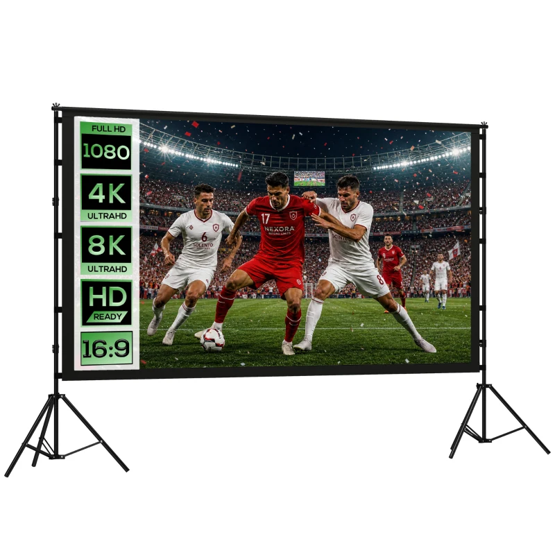 HOMCOM 254 cm 16:9 HD 4K/8K projectiescherm met standaard, draagbaar dubbelzijdig projectiescherm met inklapbare statieven, wit