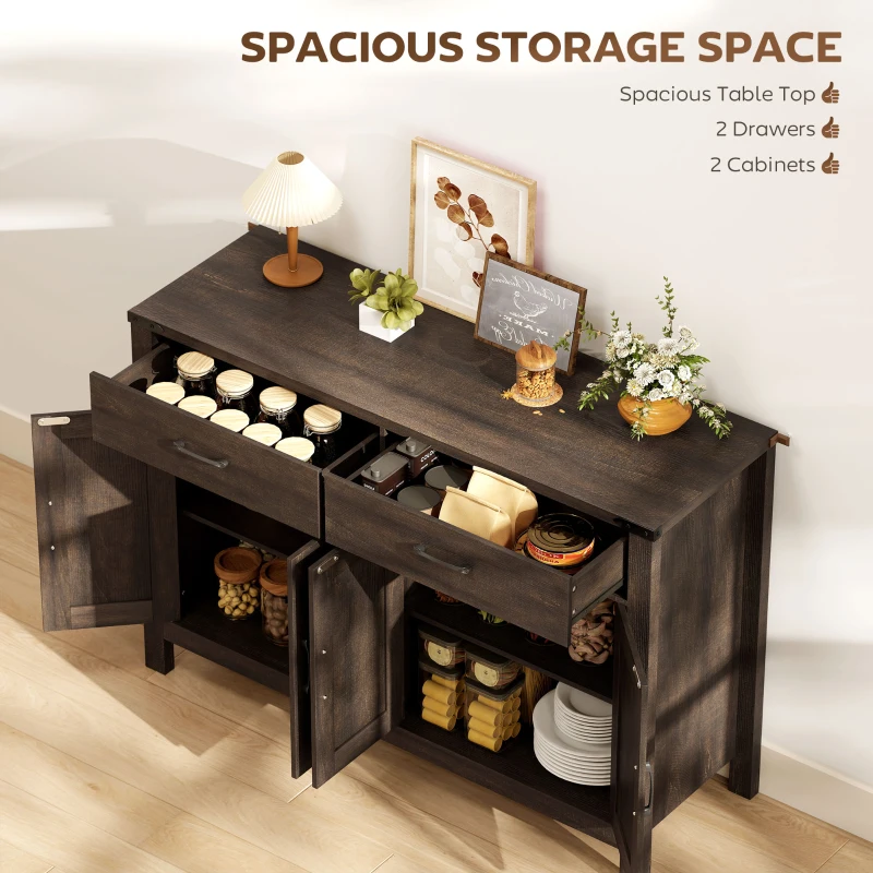 HOMCOM Kitchen Cupboard, Sideboard with 4 Doors, 2 Drawers and 2 Adjustable Shelves for Dining Room, Dark Brown