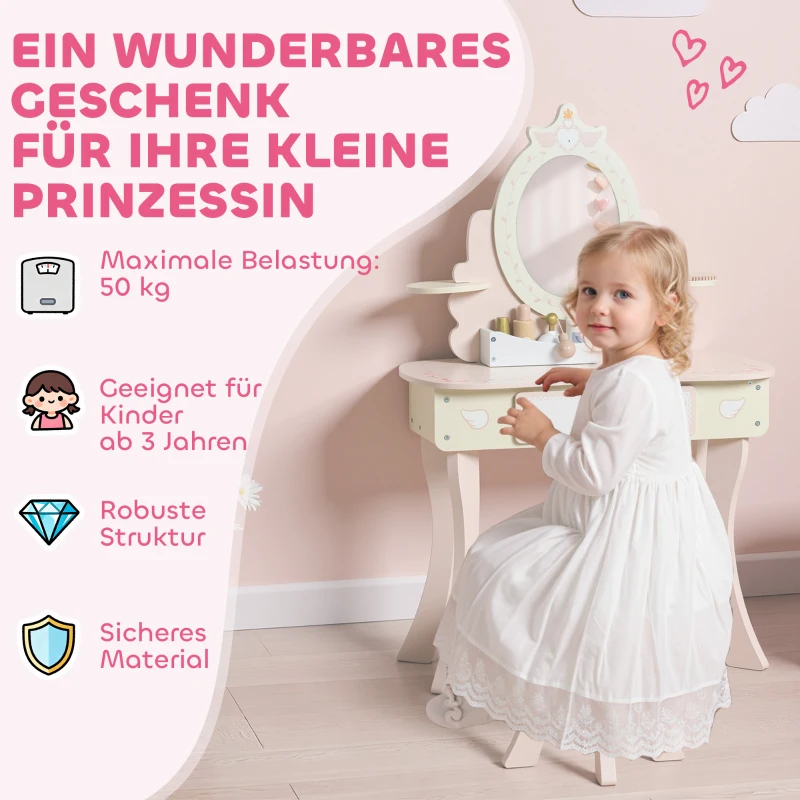 AIYAPLAY Kaptafel voor kinderen, kruk, lade, afneembare spiegel, kinderbureau met 7 accessoires, 2-in-1 ontwerp, MDF, roze