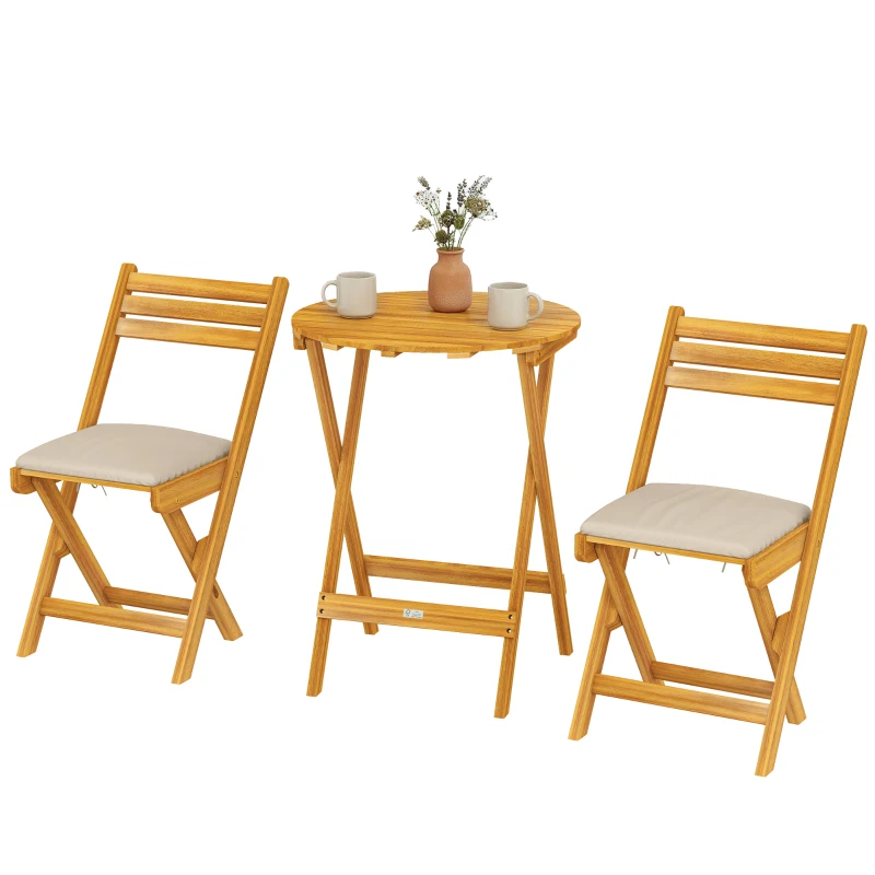 Outsunny Balkonmöbel Set 3 teilig Holz klappbar Gartenmöbel Set mit runder Tisch 2 Stühle Sitzkissen Atmungsaktiv Lamellsitz