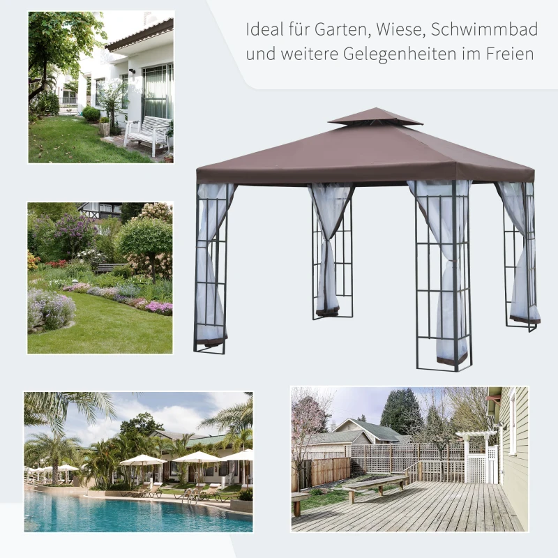 Outsunny Pavillon Gartenpavillon mit Moskitonetze Seitenwände, Partyzelt mit Doppeldach, Gartenzelt Festzelt 2,97x2,97m