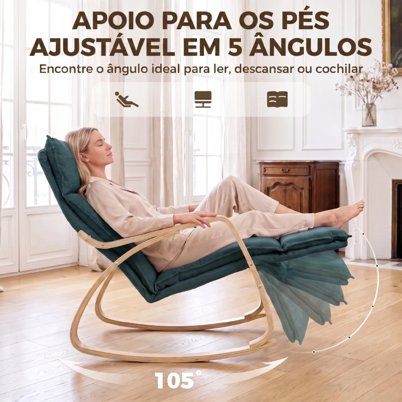 HOMCOM Cadeirão de Baloiço com Apoio para os Pés Ajustável em 5 Posições, Braços em Madeira e Acolchoamento Duplo, Verde Escuro