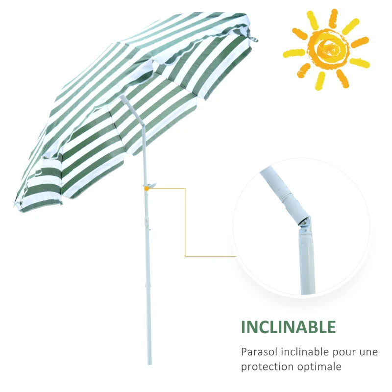 Outsunny Parasol de Plage, Parasol Inclinable Octogonal Ø 180 cm, Tissu Polyester Haute Densité Anti-UV, Mât Démontable, Vert et Blanc Rayé