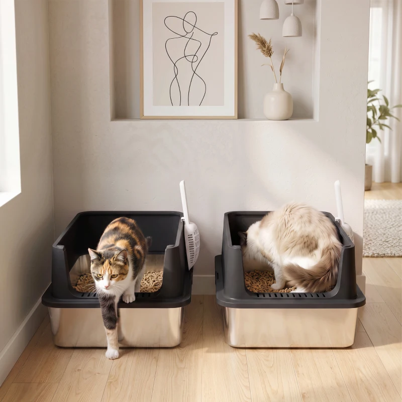 PawHut 2er-Set Katzenklo Edelstahl XL mit Hohem Rand Deckel 60x40x30cm Halboffene mit 2 Schaufeln, für Große Katzen bis 8 kg